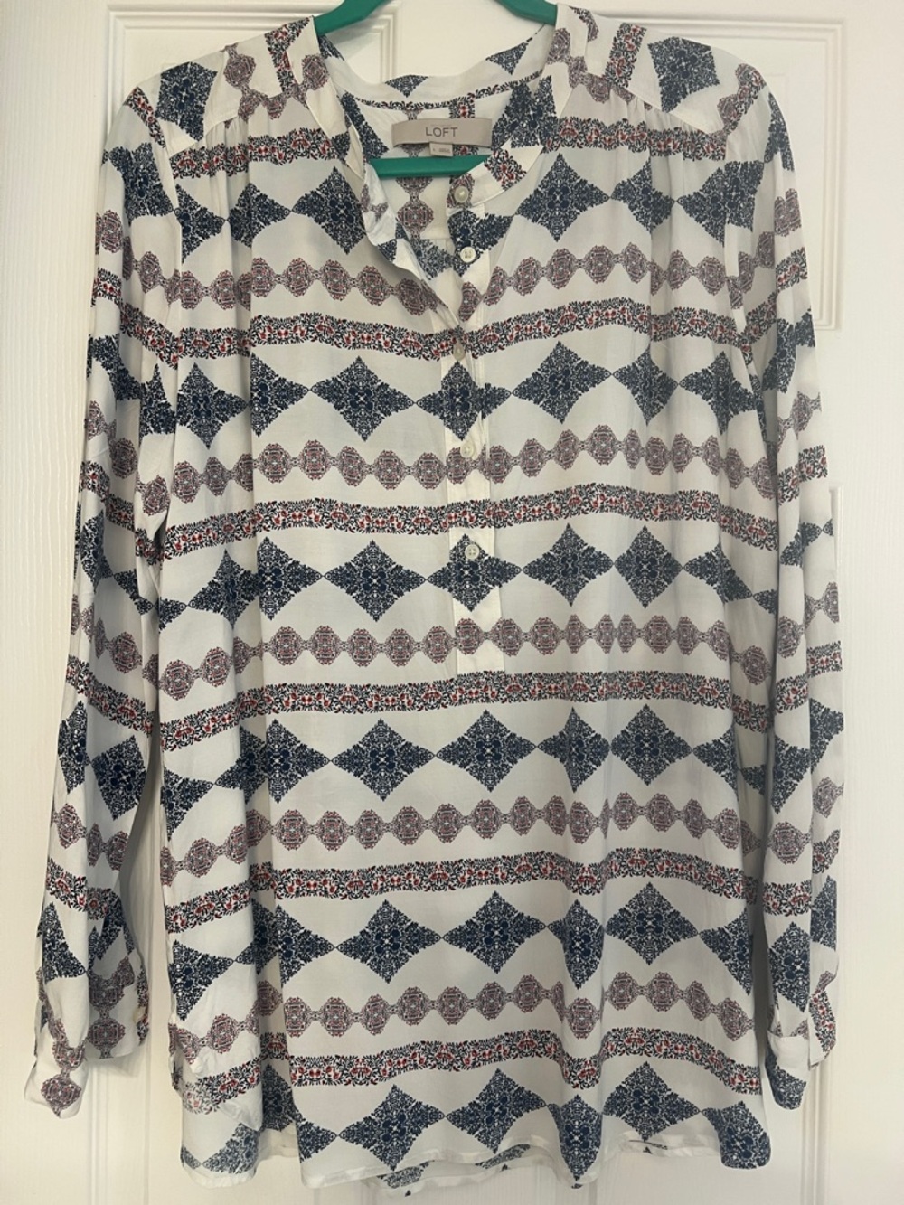 LOFT White Blouse with Navy and Burgundy Geometric Print